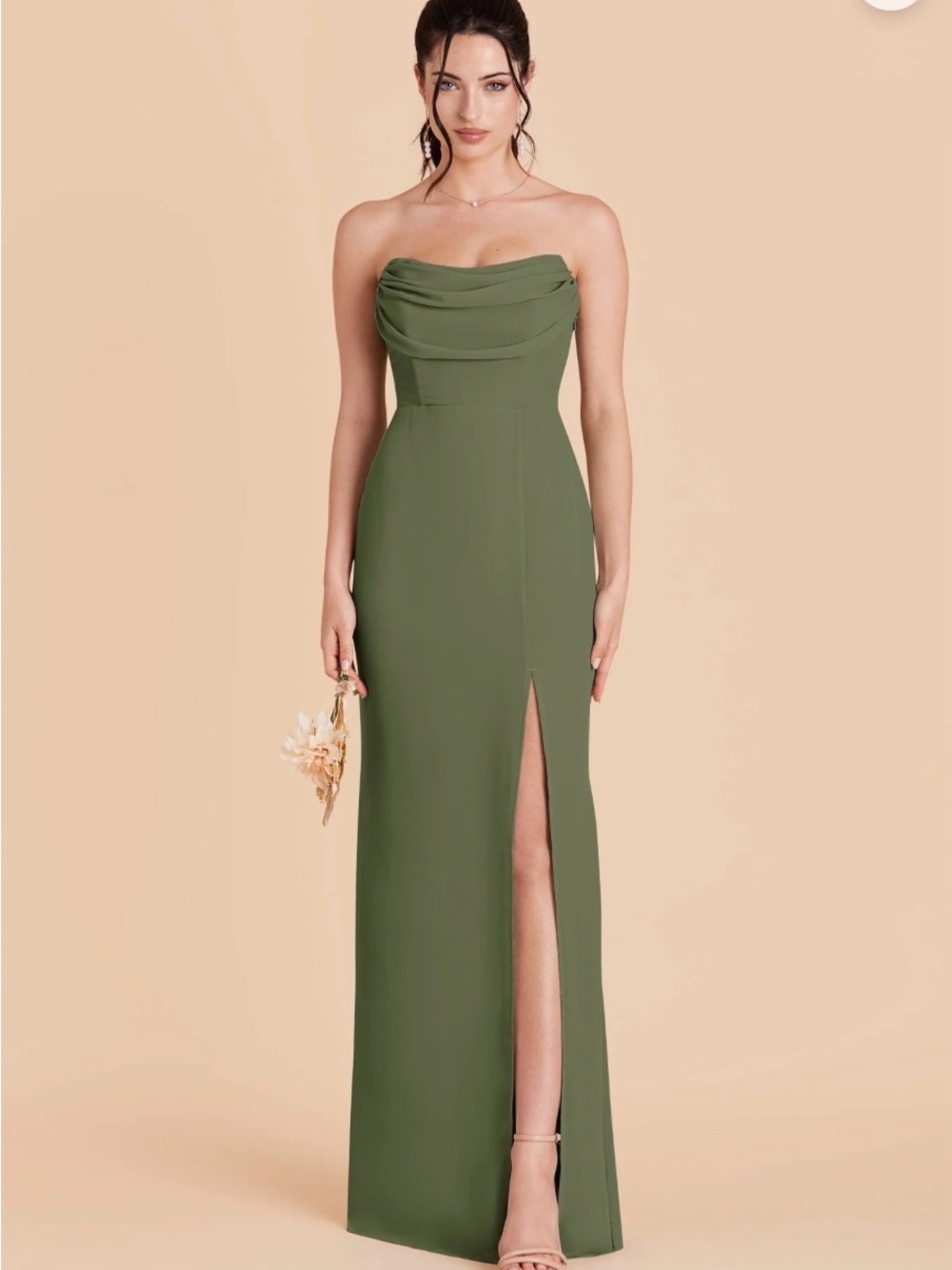Birdy Grey Olive Green Chiffon Strapless Maxi Dress with Front Slit